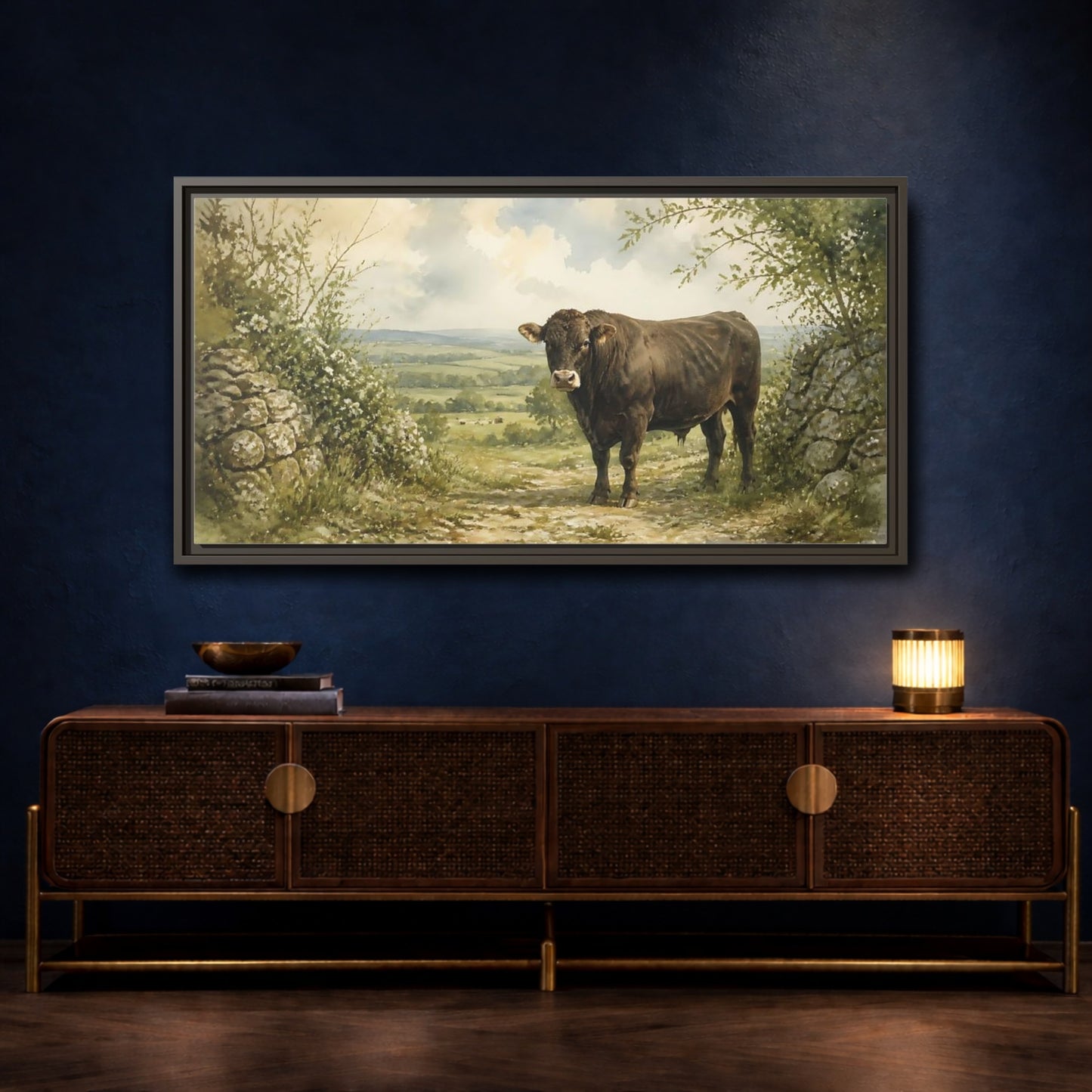 Mockup 4. Bull At Country Gate shown as framed canvas print