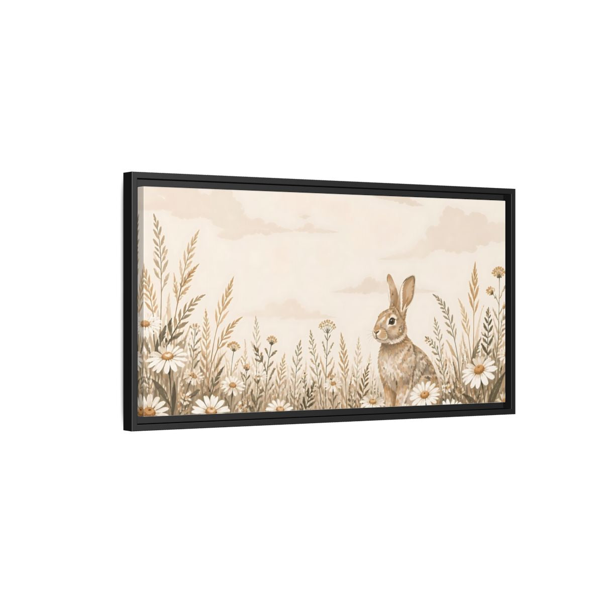 Side Mockup 2. Bunny In Daisy Meadow shown as framed canvas print