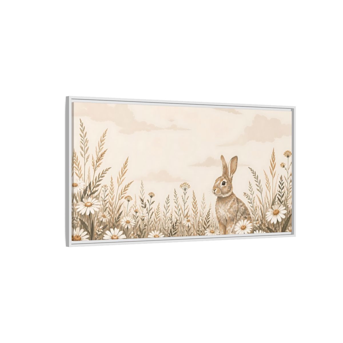 Side Mockup 3. Bunny In Daisy Meadow shown as framed canvas print