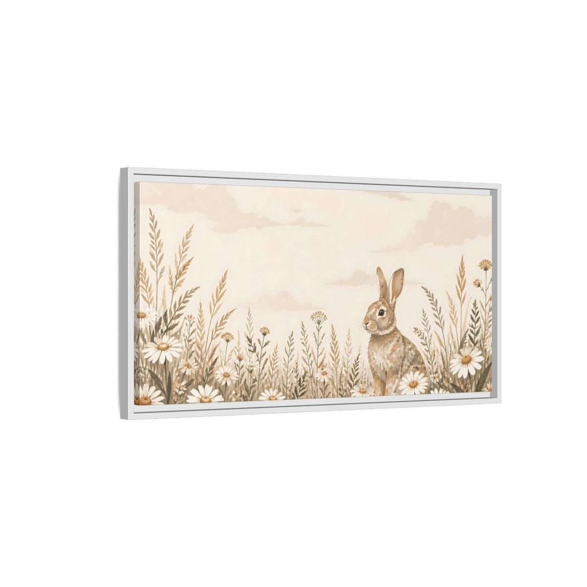Side Mockup 1. Bunny In Daisy Meadow shown as framed canvas print