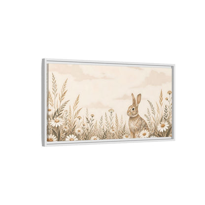 Side Mockup 1. Bunny In Daisy Meadow shown as framed canvas print