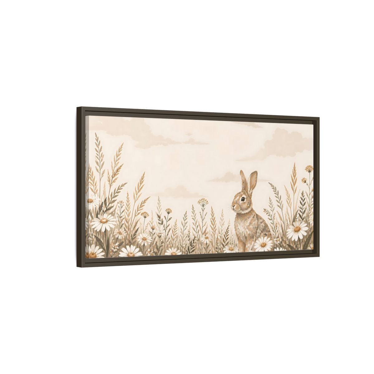 Main Mockup. Bunny In Daisy Meadow shown as framed canvas print