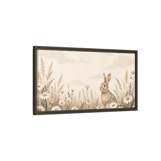 Main Mockup. Bunny In Daisy Meadow shown as framed canvas print