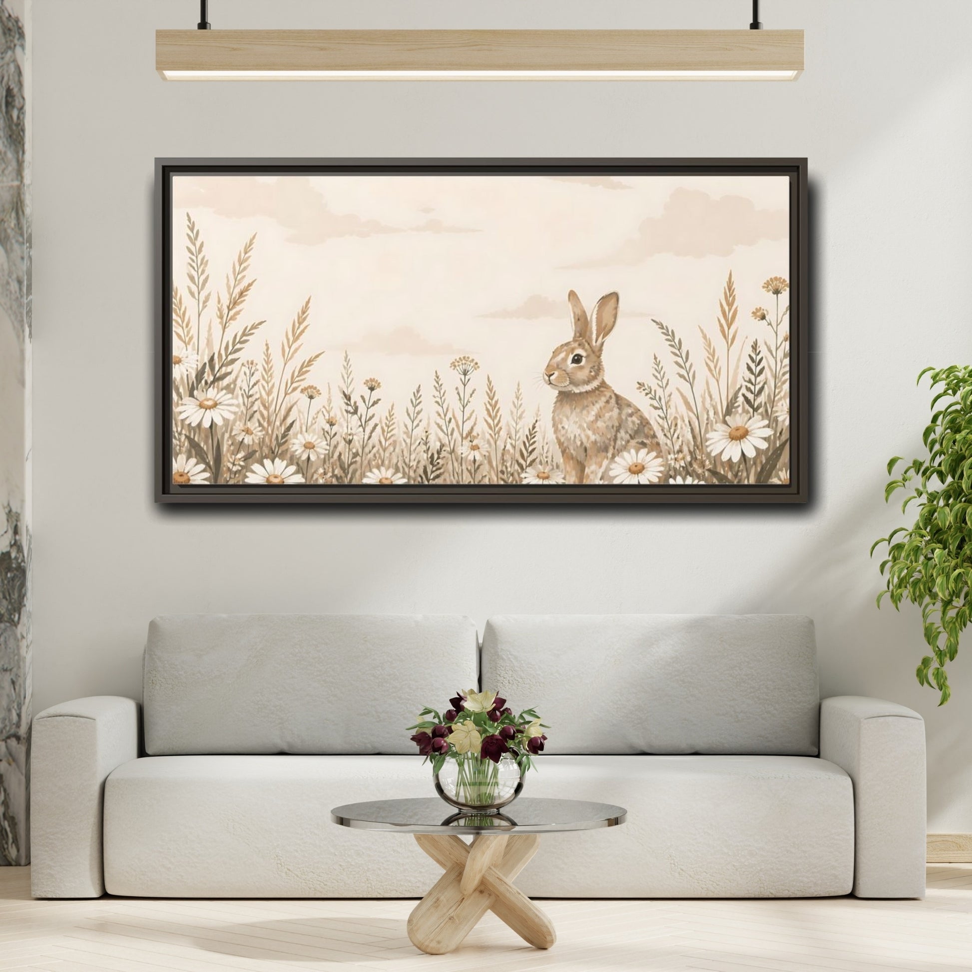 Mockup 2. Bunny In Daisy Meadow shown as framed canvas print
