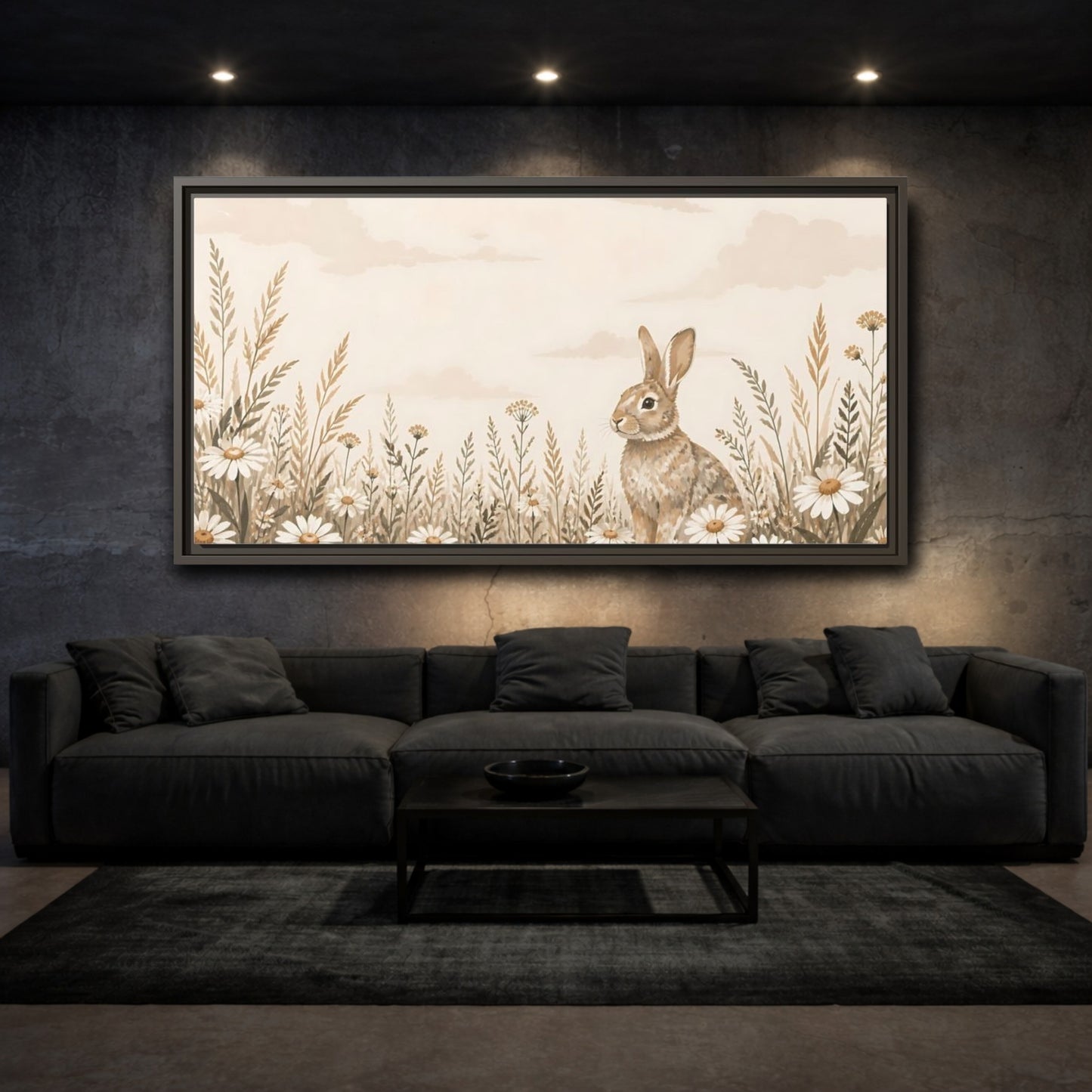 Mockup 3. Bunny In Daisy Meadow shown as framed canvas print