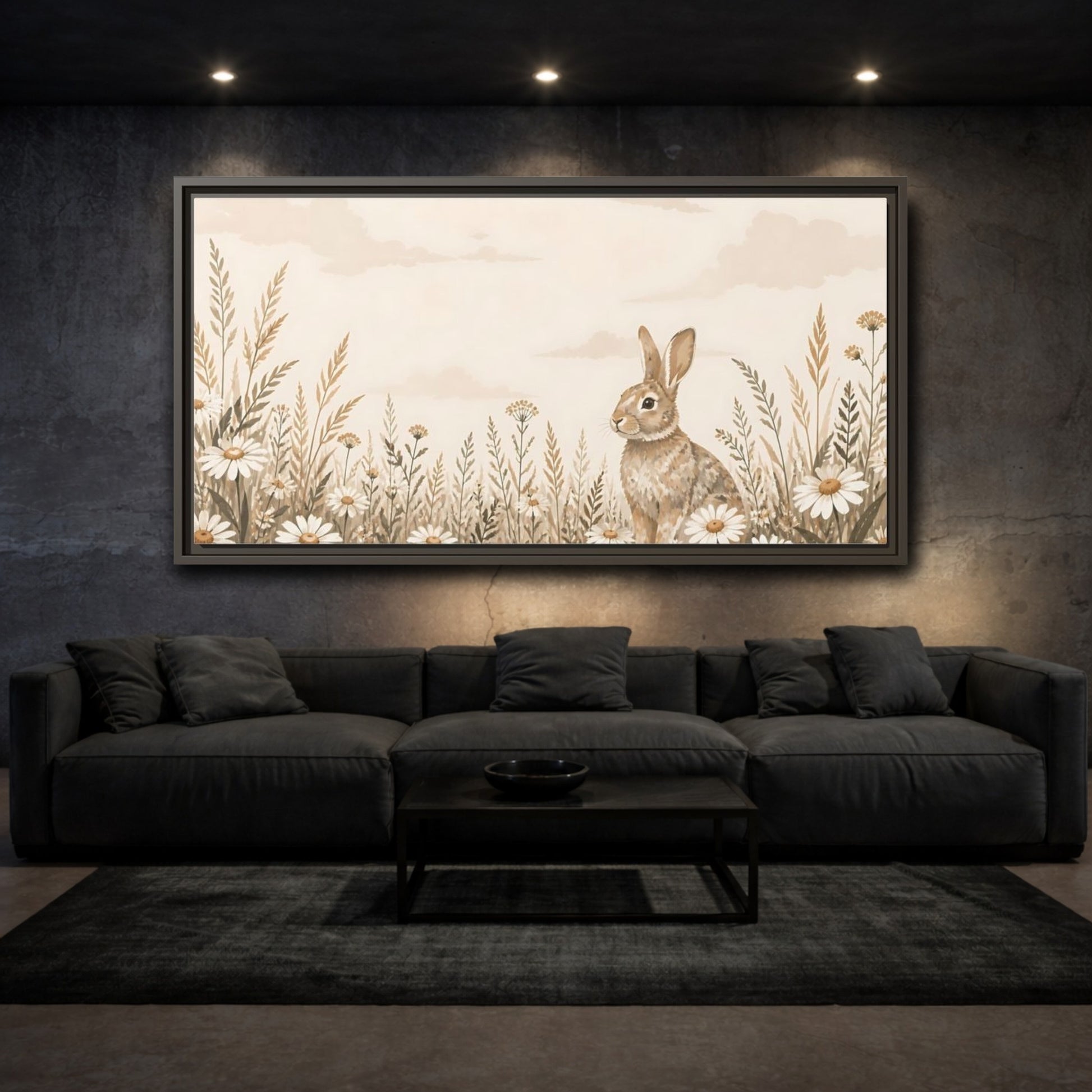 Mockup 3. Bunny In Daisy Meadow shown as framed canvas print