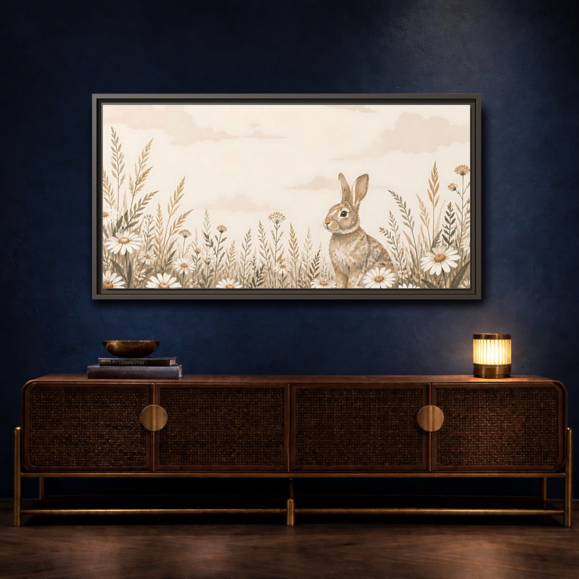 Mockup 4. Bunny In Daisy Meadow shown as framed canvas print