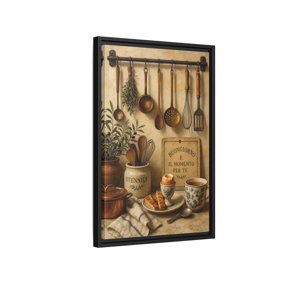 Side Mockup 3. Buongiorno Rustic Breakfast shown as framed canvas print