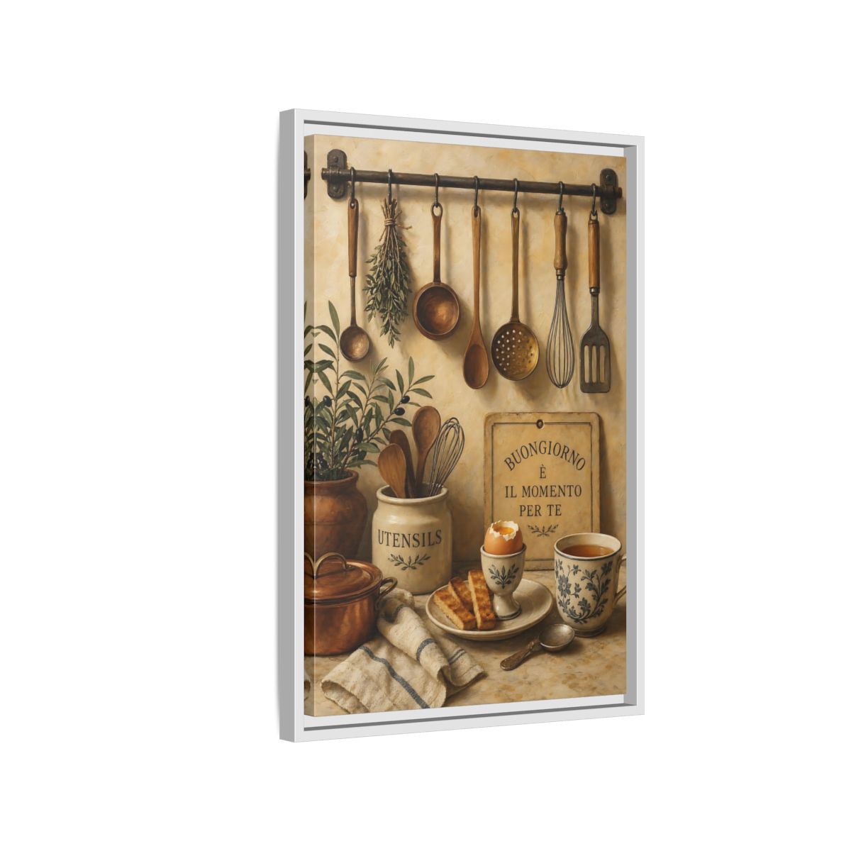 Side Mockup 1. Buongiorno Rustic Breakfast shown as framed canvas print