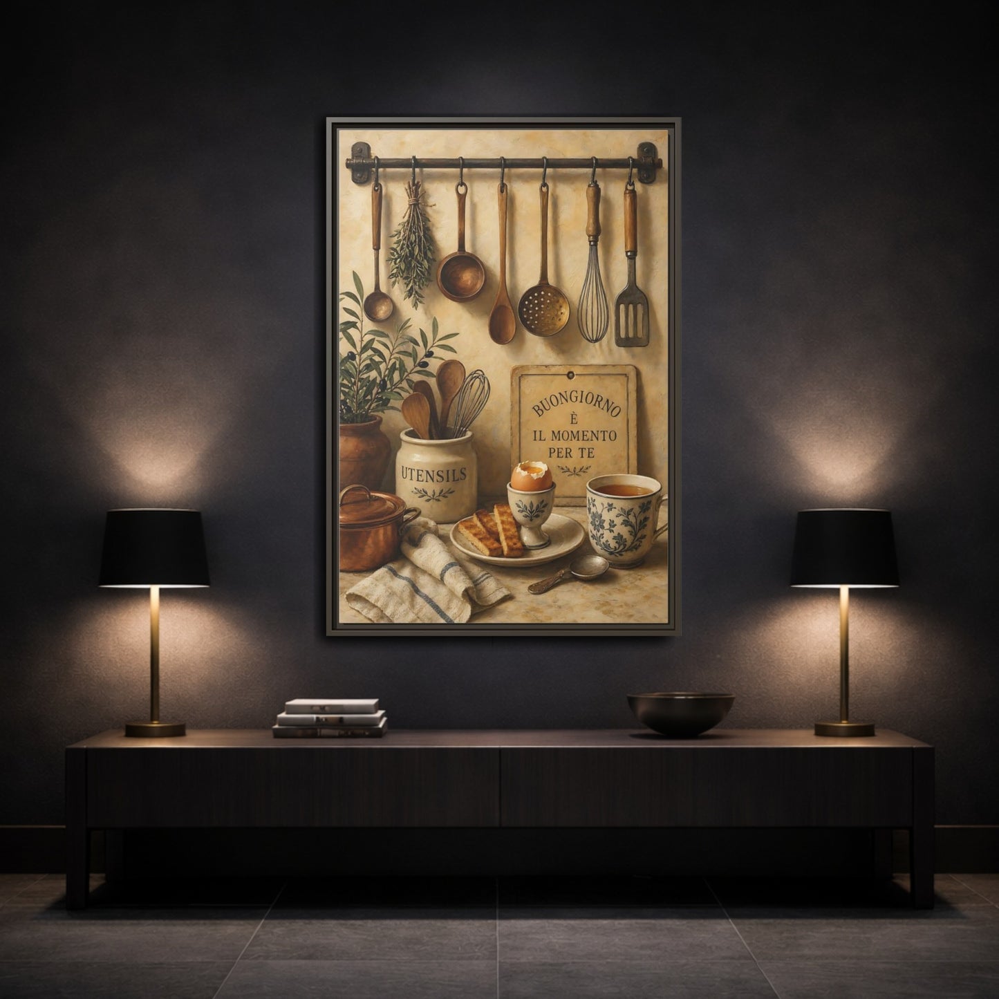 Mockup 3. Buongiorno Rustic Breakfast shown as framed canvas print