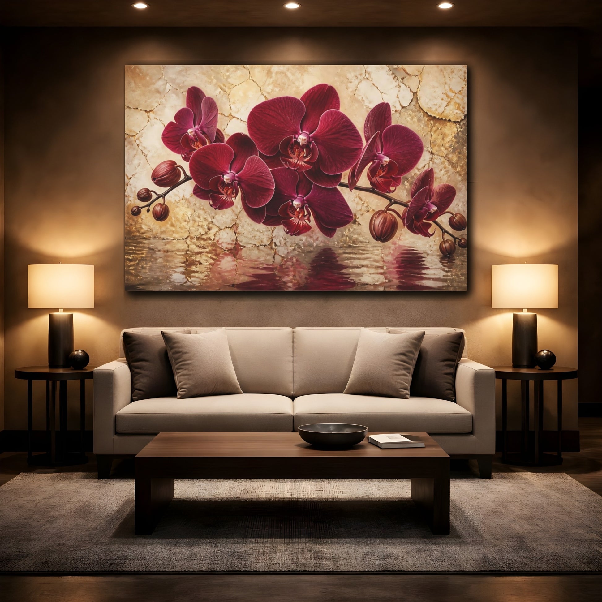 Mockup 2. Burgundy Orchid Reflection shown as canvas print