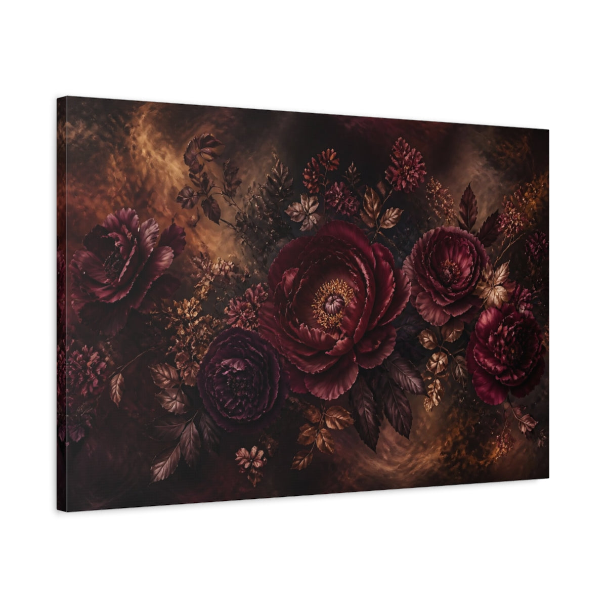 Side Mockup 2. Burgundy Peony Bouquet shown as canvas print