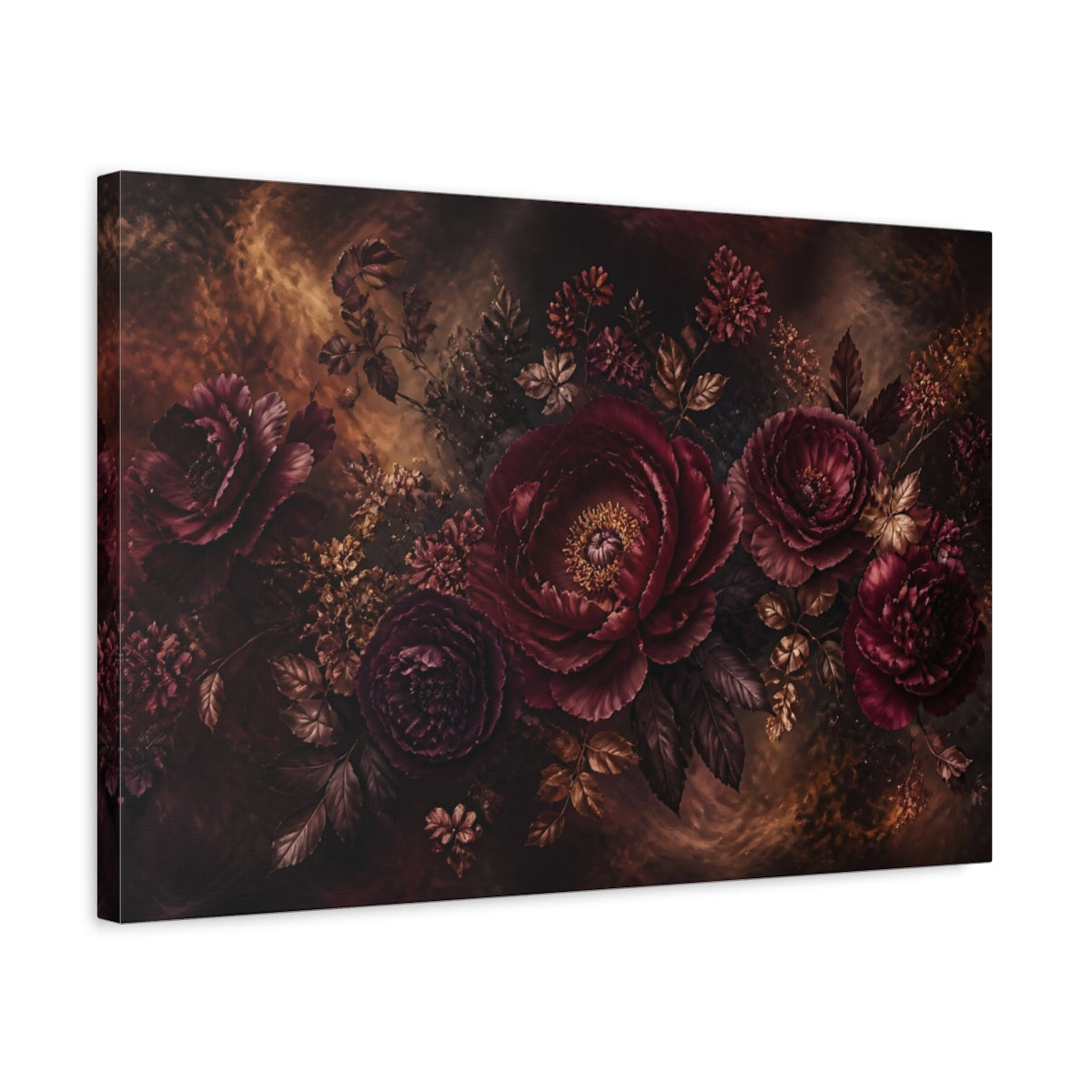 Side Mockup 3. Burgundy Peony Bouquet shown as canvas print