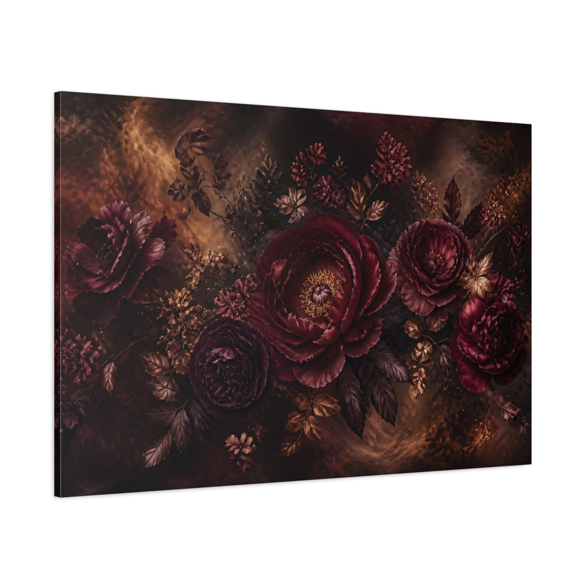 Side Mockup 1. Burgundy Peony Bouquet shown as canvas print