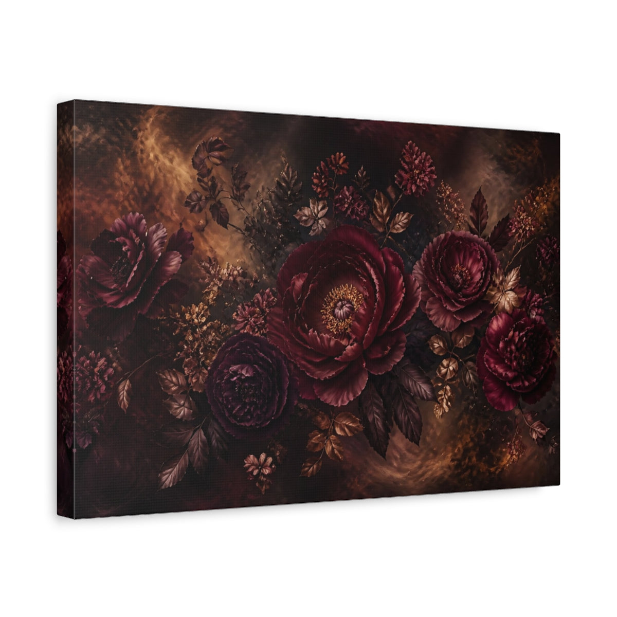 Side Mockup 4. Burgundy Peony Bouquet shown as canvas print