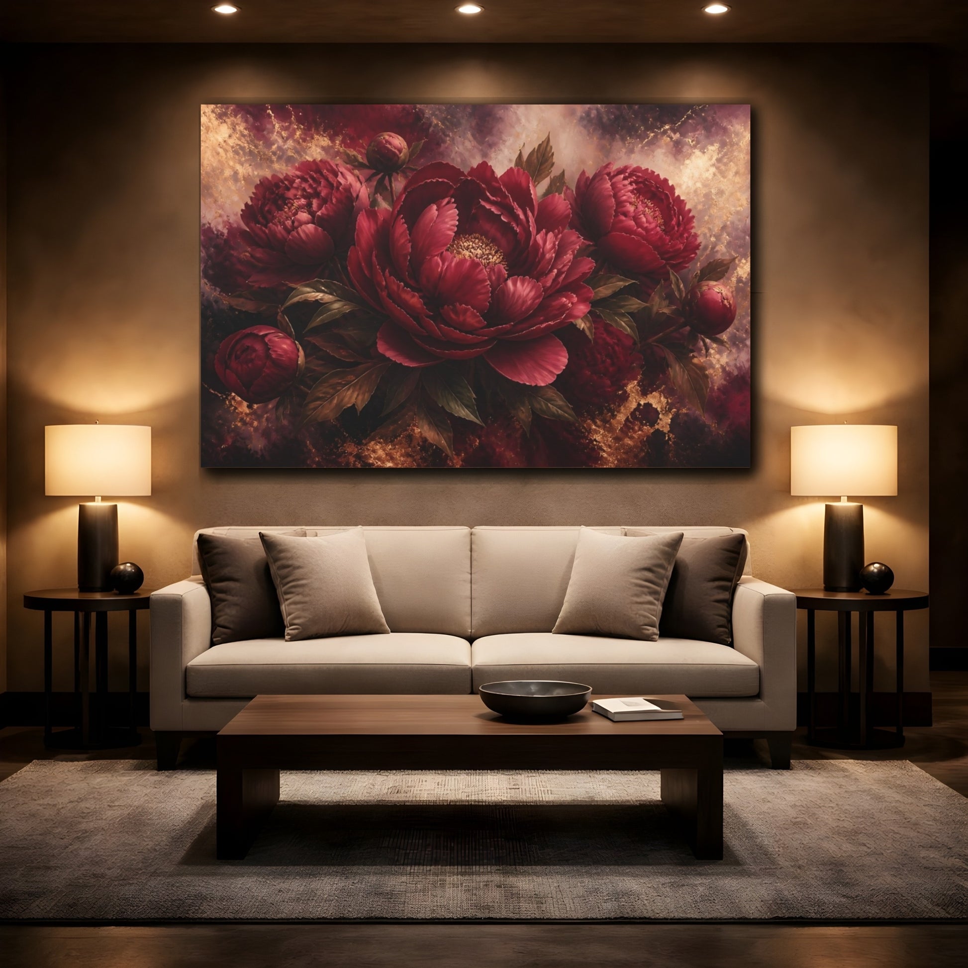 Mockup 2. Burgundy Peony Flower shown as canvas print