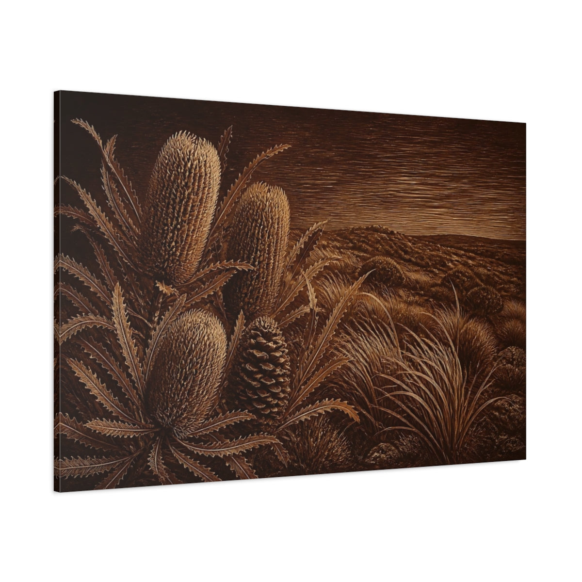 Side Mockup 1. Burnt Umber Banksia Cones shown as canvas print