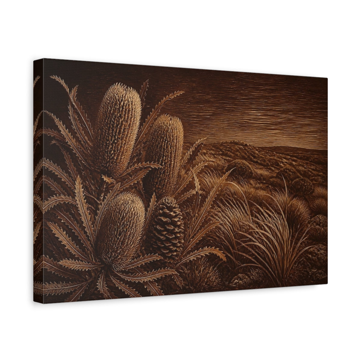 Side Mockup 4. Burnt Umber Banksia Cones shown as canvas print