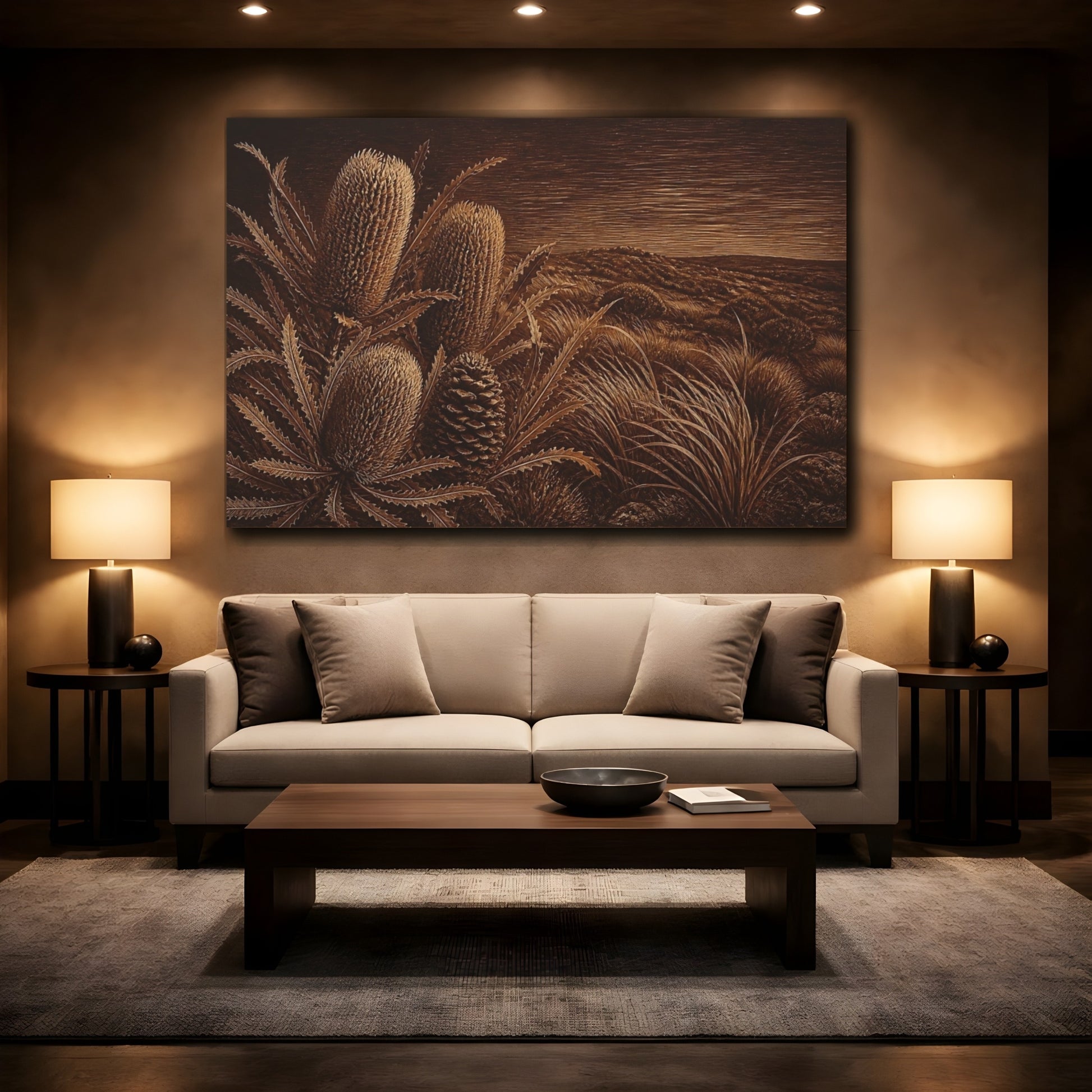 Mockup 2. Burnt Umber Banksia Cones shown as canvas print