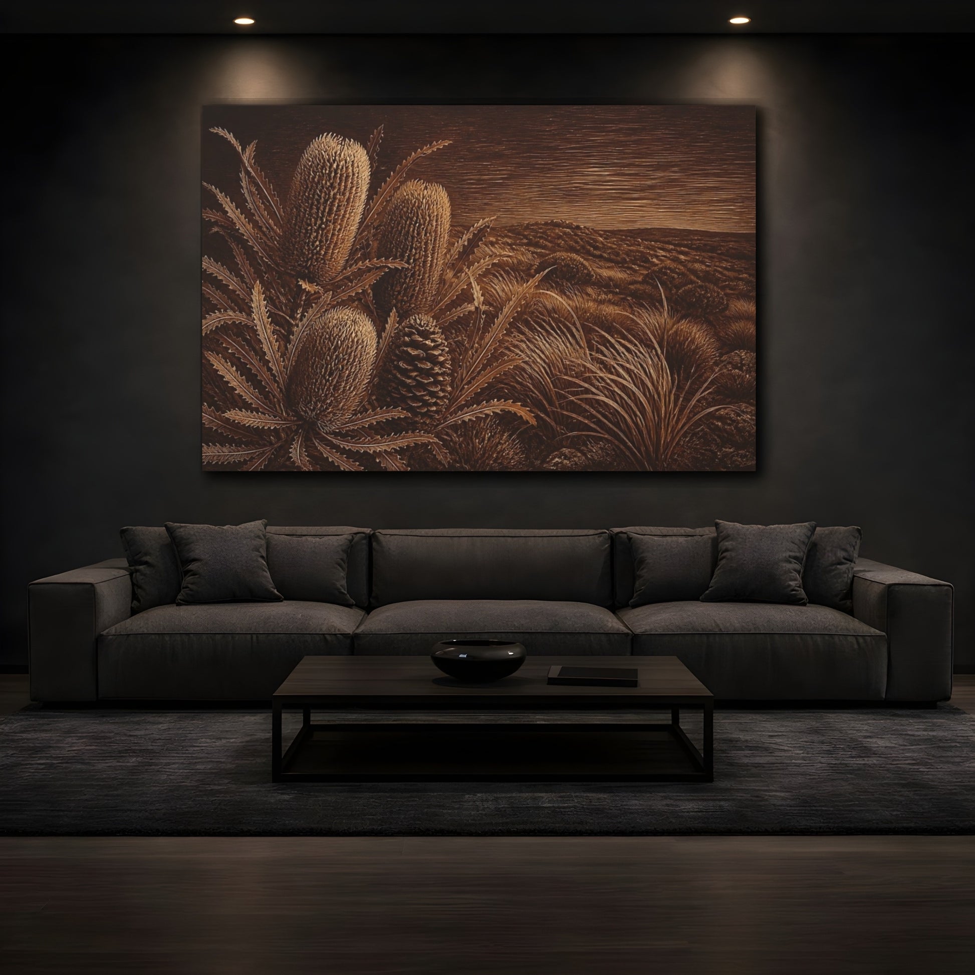 Mockup 3. Burnt Umber Banksia Cones shown as canvas print