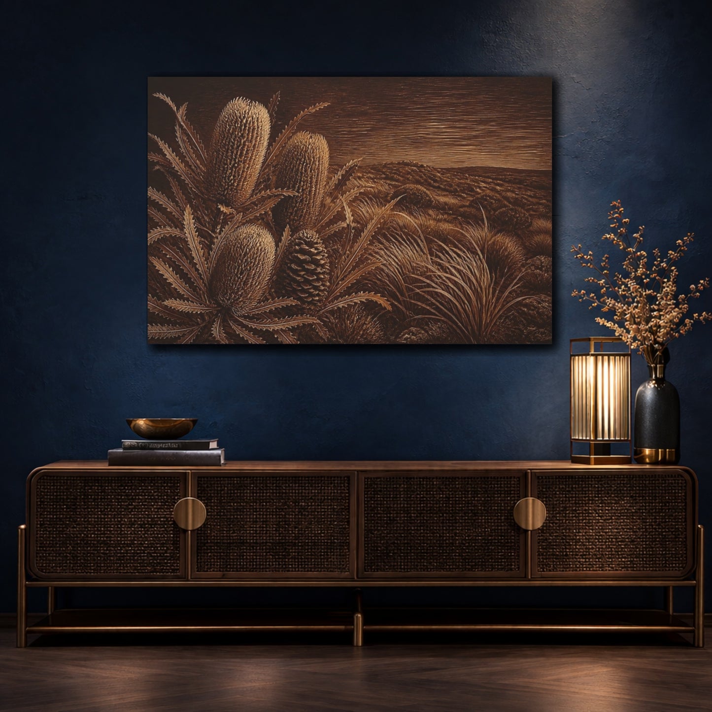 Mockup 4. Burnt Umber Banksia Cones shown as canvas print