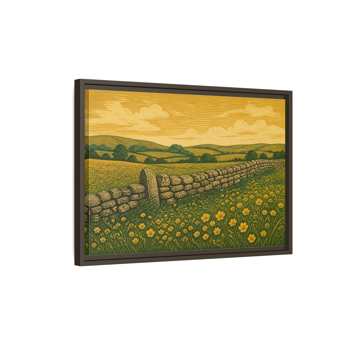 Side Mockup 2. Buttercup Meadow Stone Wall shown as framed canvas print