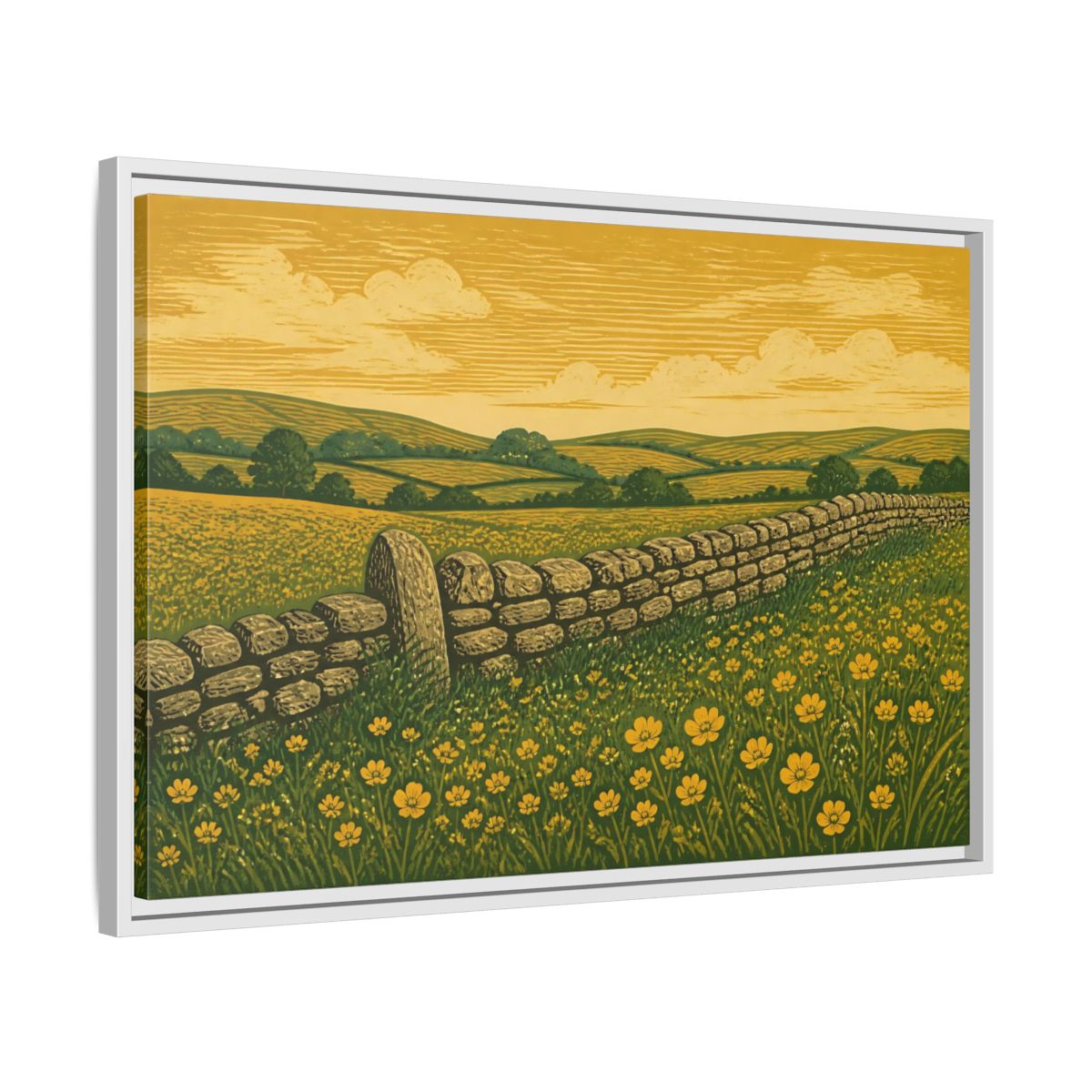 Side Mockup 10. Buttercup Meadow Stone Wall shown as framed canvas print