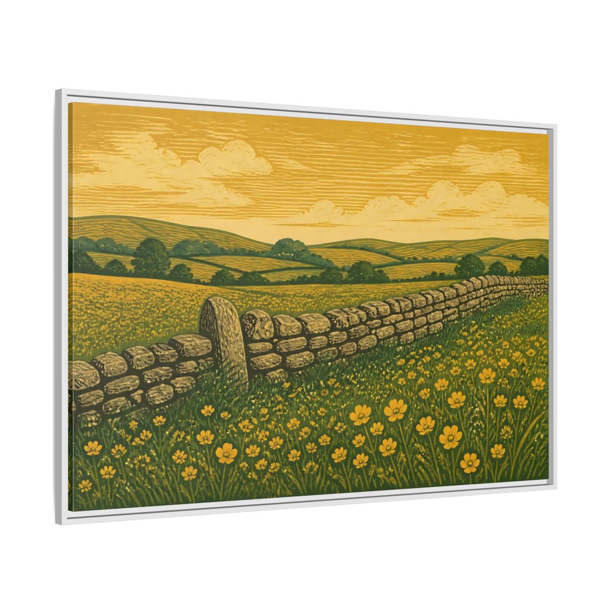 Side Mockup 7. Buttercup Meadow Stone Wall shown as framed canvas print
