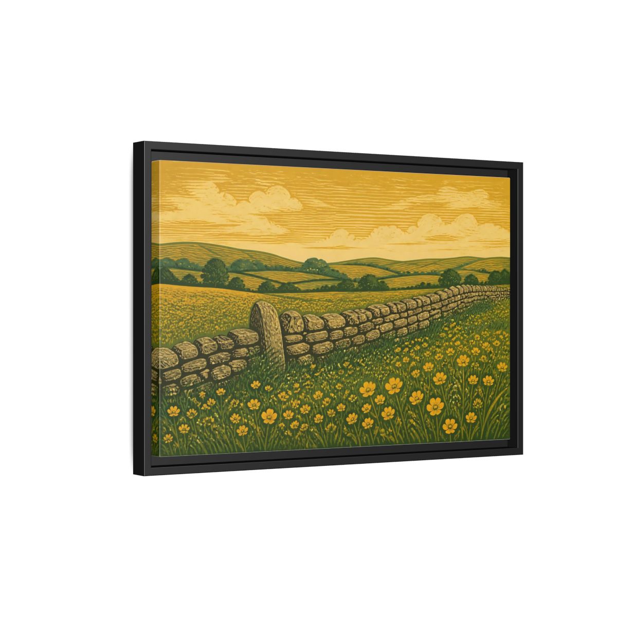 Side Mockup 3. Buttercup Meadow Stone Wall shown as framed canvas print
