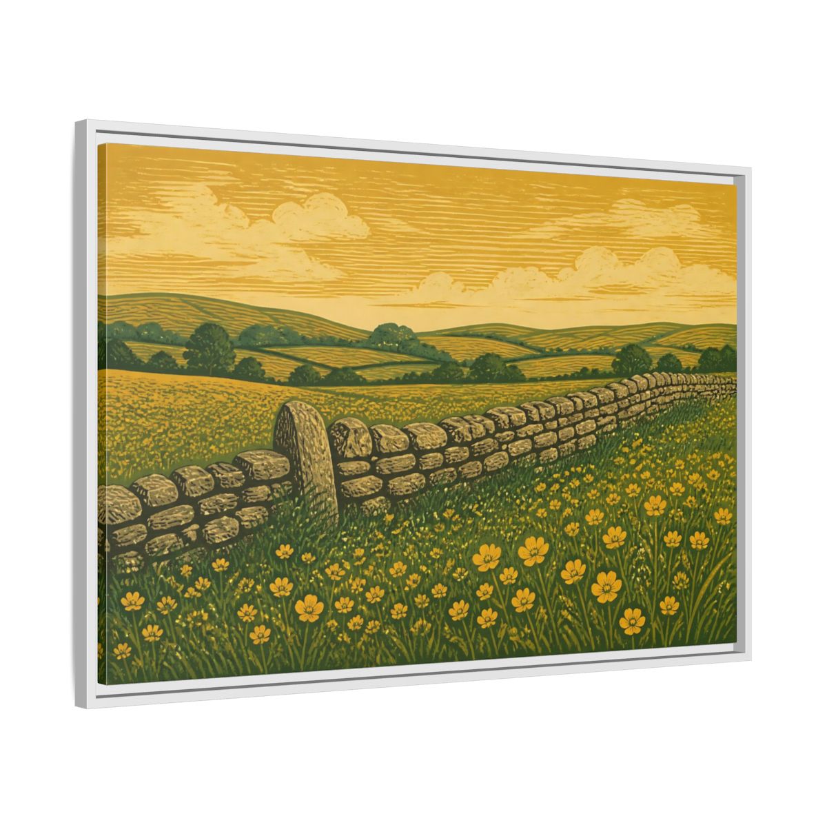 Side Mockup 9. Buttercup Meadow Stone Wall shown as framed canvas print