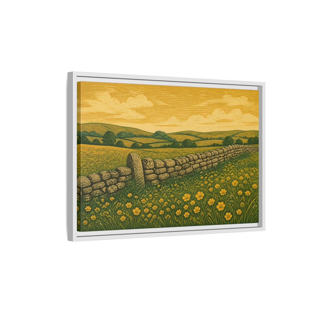 Side Mockup 1. Buttercup Meadow Stone Wall shown as framed canvas print