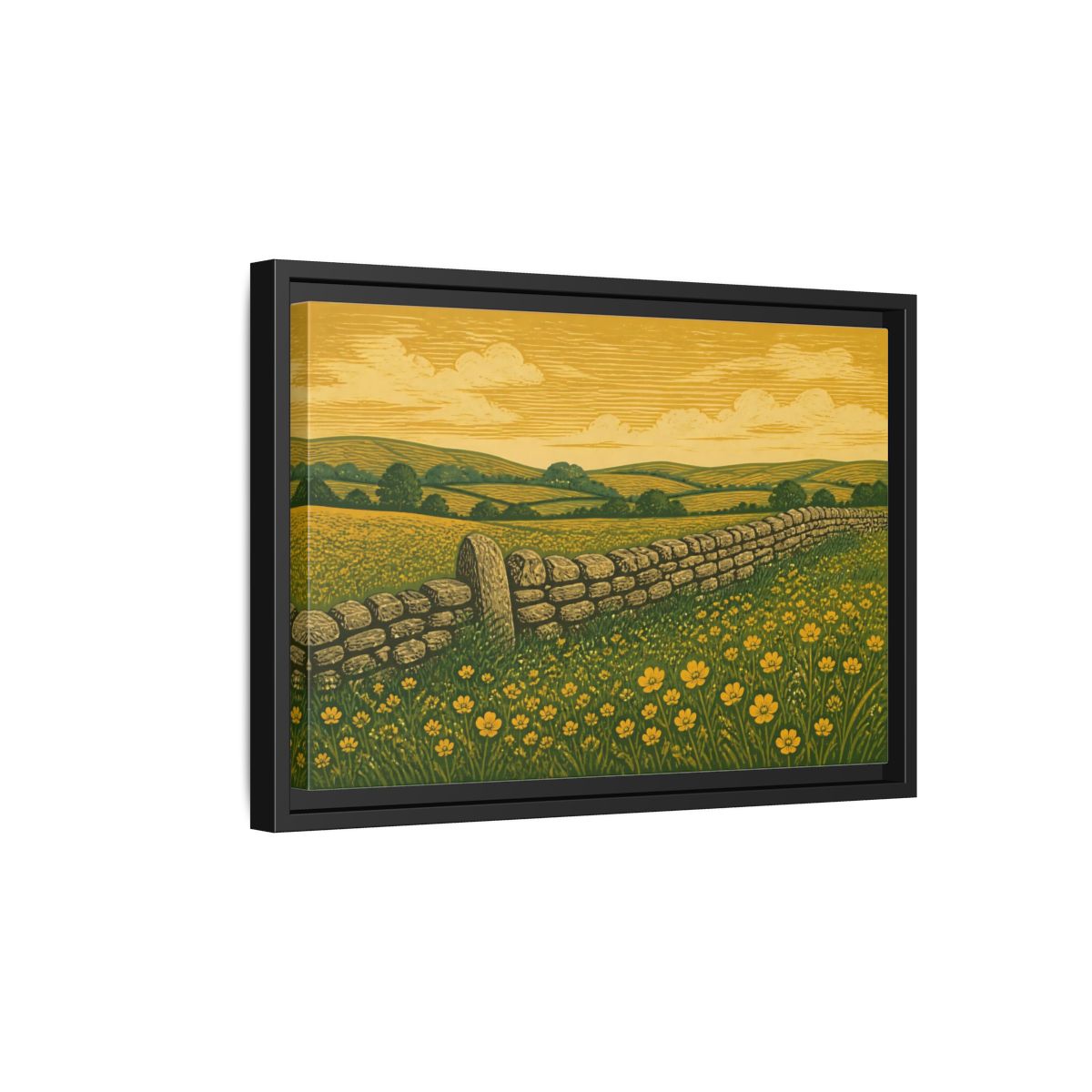 Side Mockup 6. Buttercup Meadow Stone Wall shown as framed canvas print