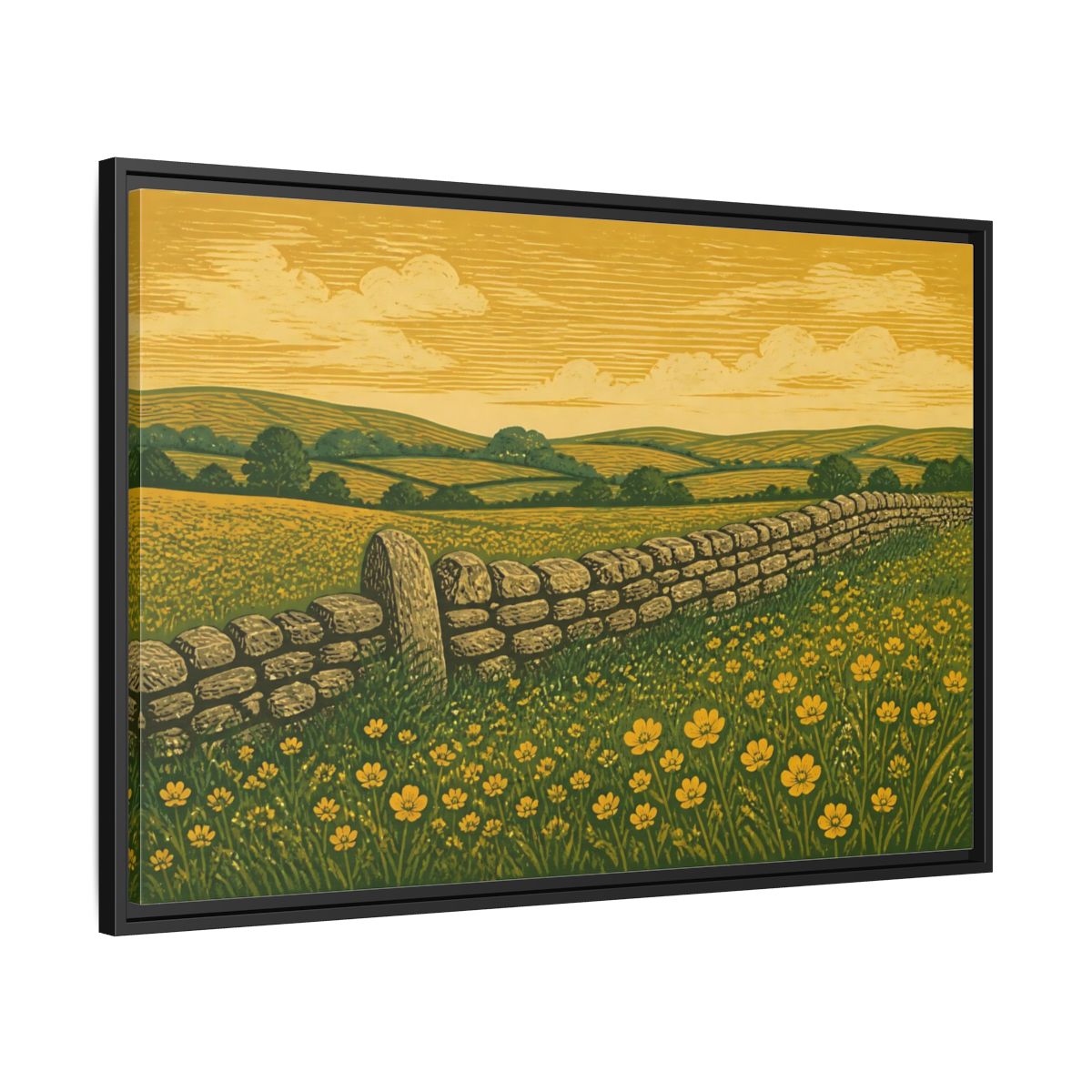 Side Mockup 13. Buttercup Meadow Stone Wall shown as framed canvas print