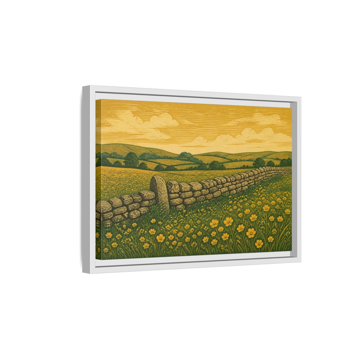 Side Mockup 4. Buttercup Meadow Stone Wall shown as framed canvas print