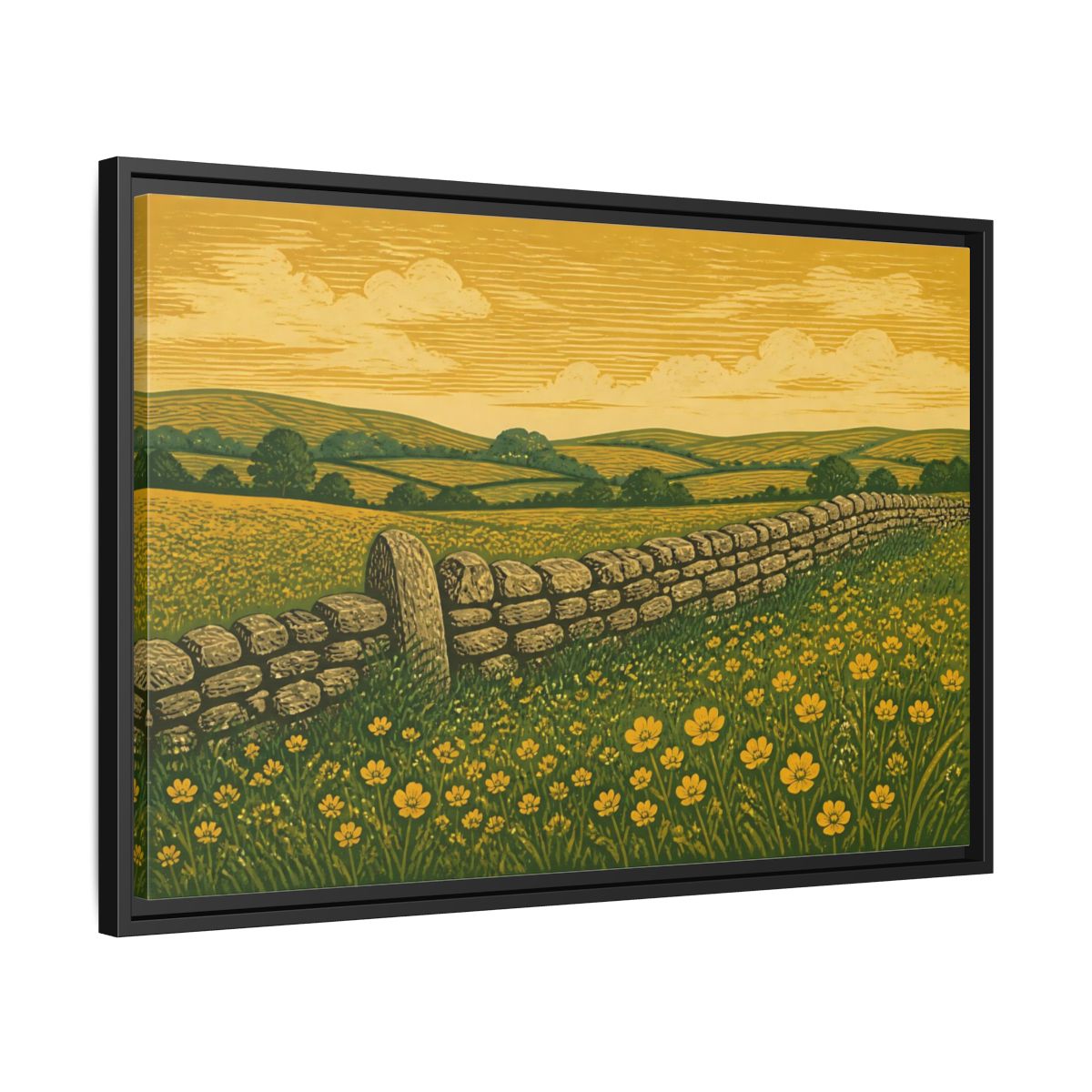 Side Mockup 14. Buttercup Meadow Stone Wall shown as framed canvas print
