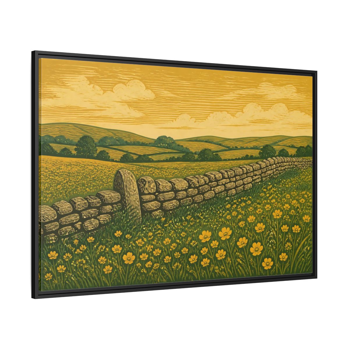 Side Mockup 12. Buttercup Meadow Stone Wall shown as framed canvas print