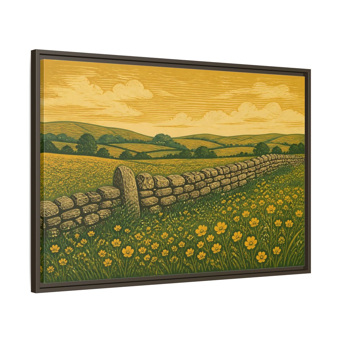 Main Mockup. Buttercup Meadow Stone Wall shown as framed canvas print