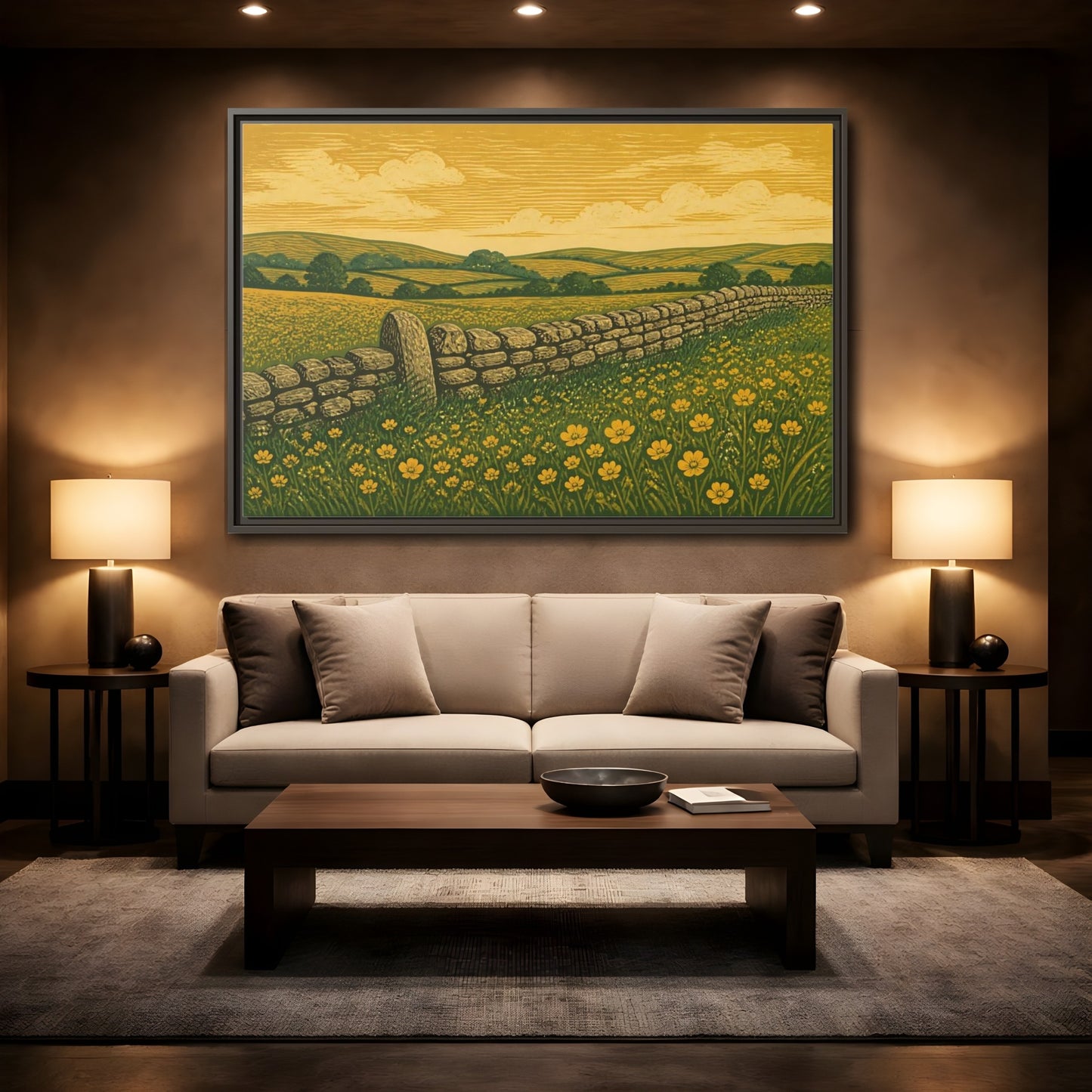 Mockup 2. Buttercup Meadow Stone Wall shown as framed canvas print