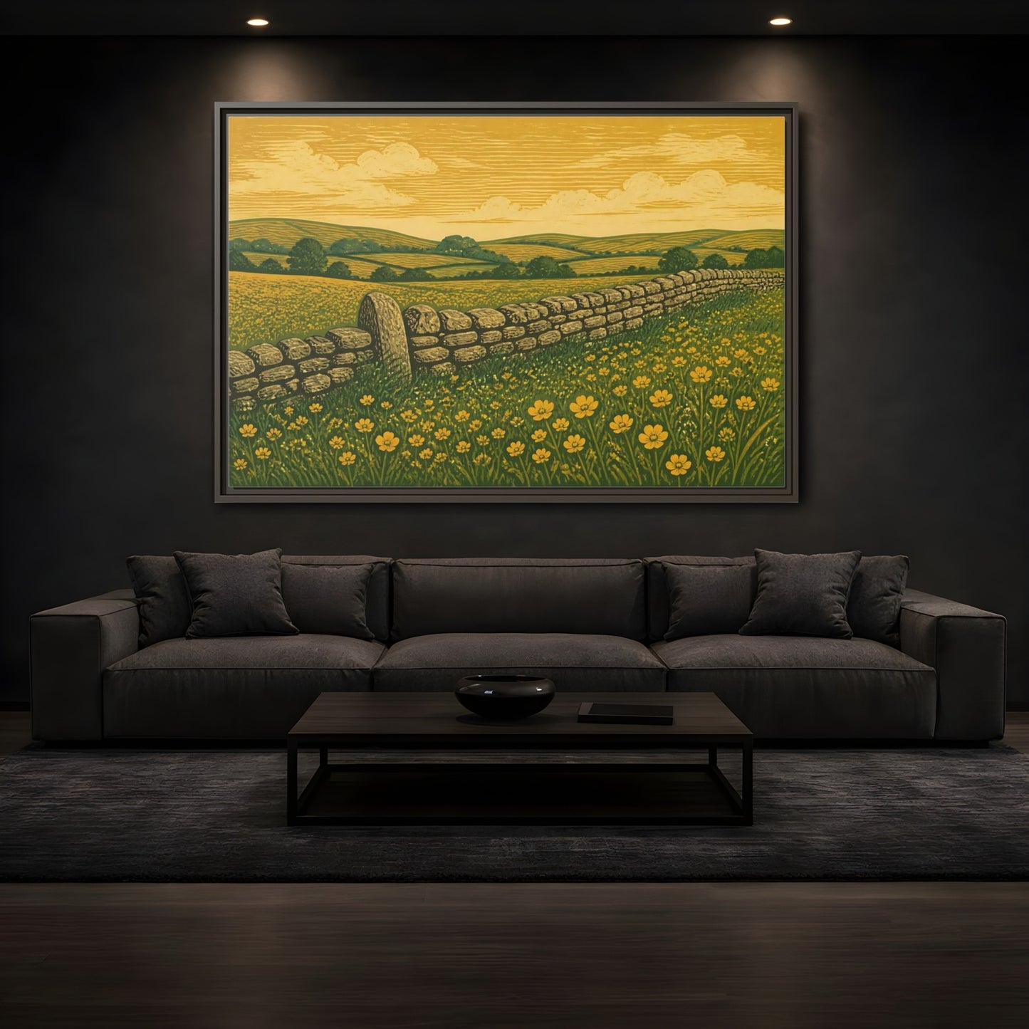 Mockup 3. Buttercup Meadow Stone Wall shown as framed canvas print