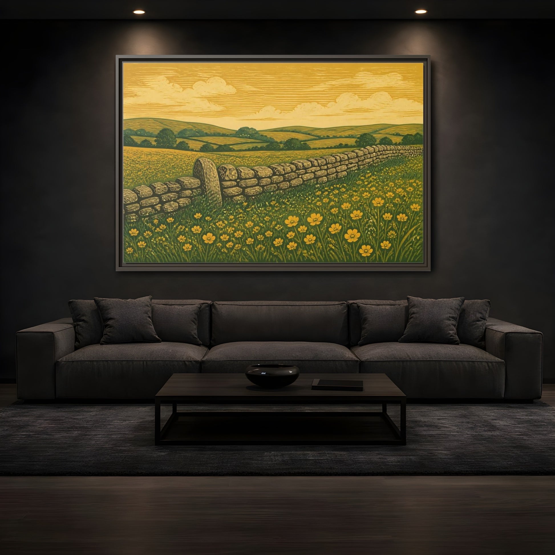 Mockup 3. Buttercup Meadow Stone Wall shown as framed canvas print