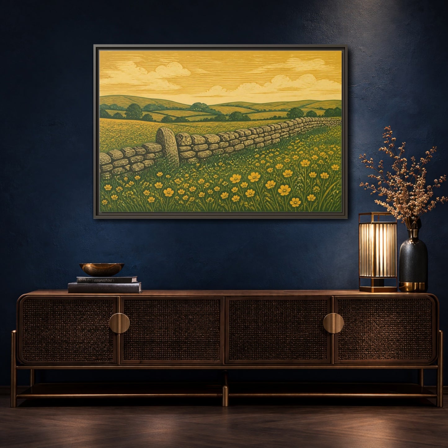 Mockup 4. Buttercup Meadow Stone Wall shown as framed canvas print