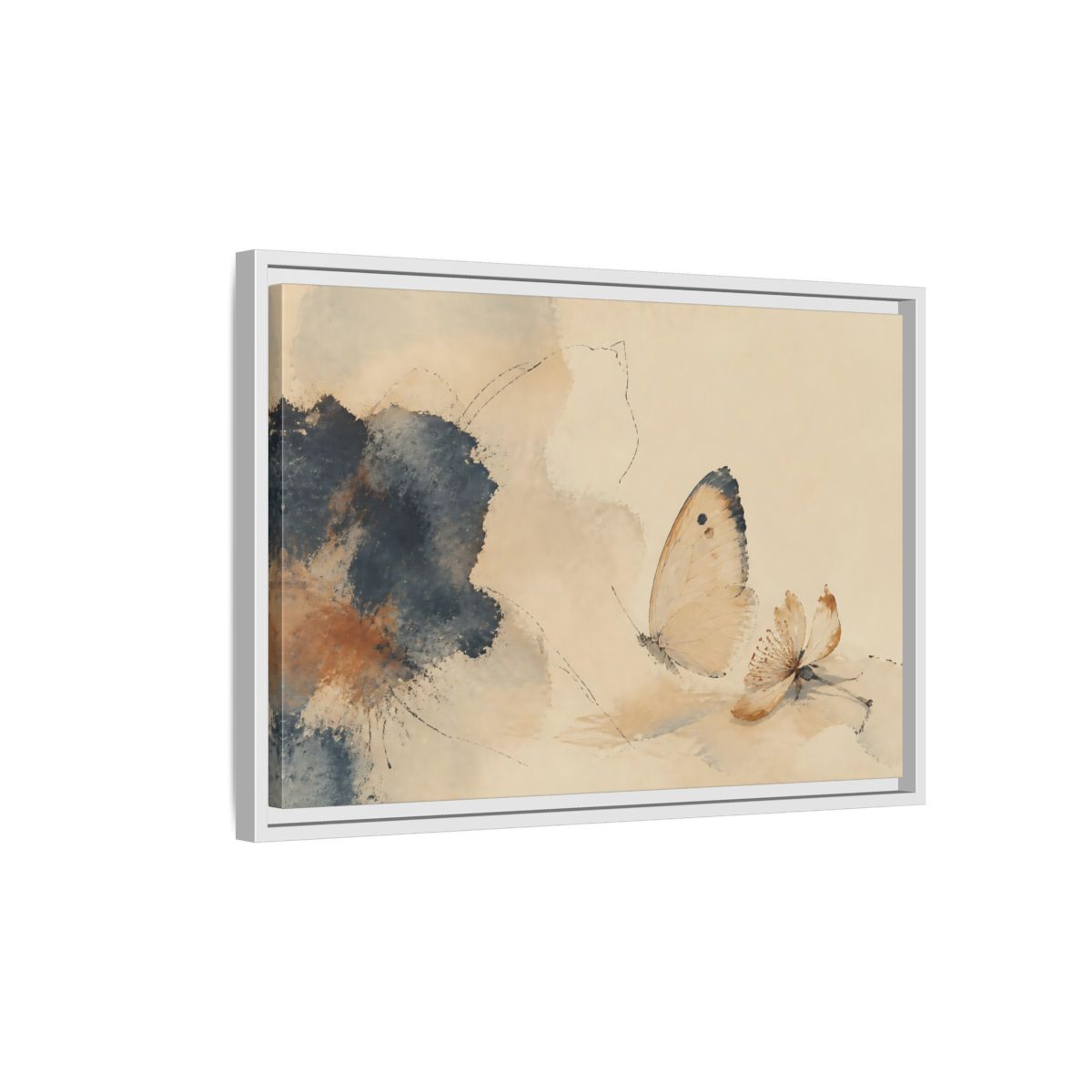 Side Mockup 1. Butterfly And Fallen Blossom shown as framed canvas print