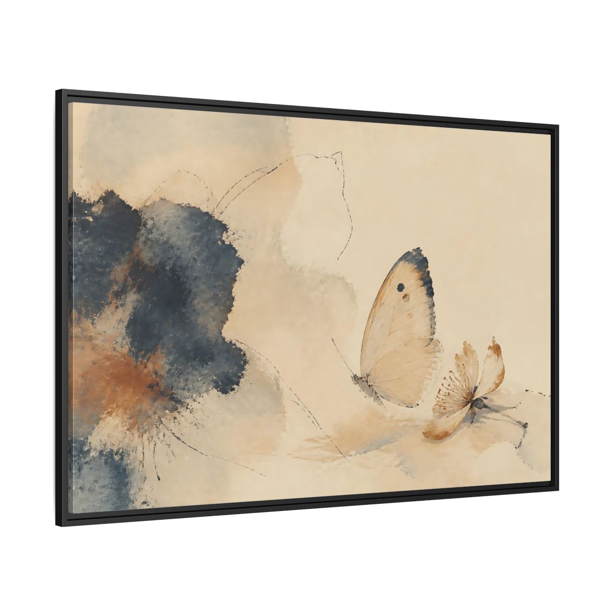 Side Mockup 12. Butterfly And Fallen Blossom shown as framed canvas print