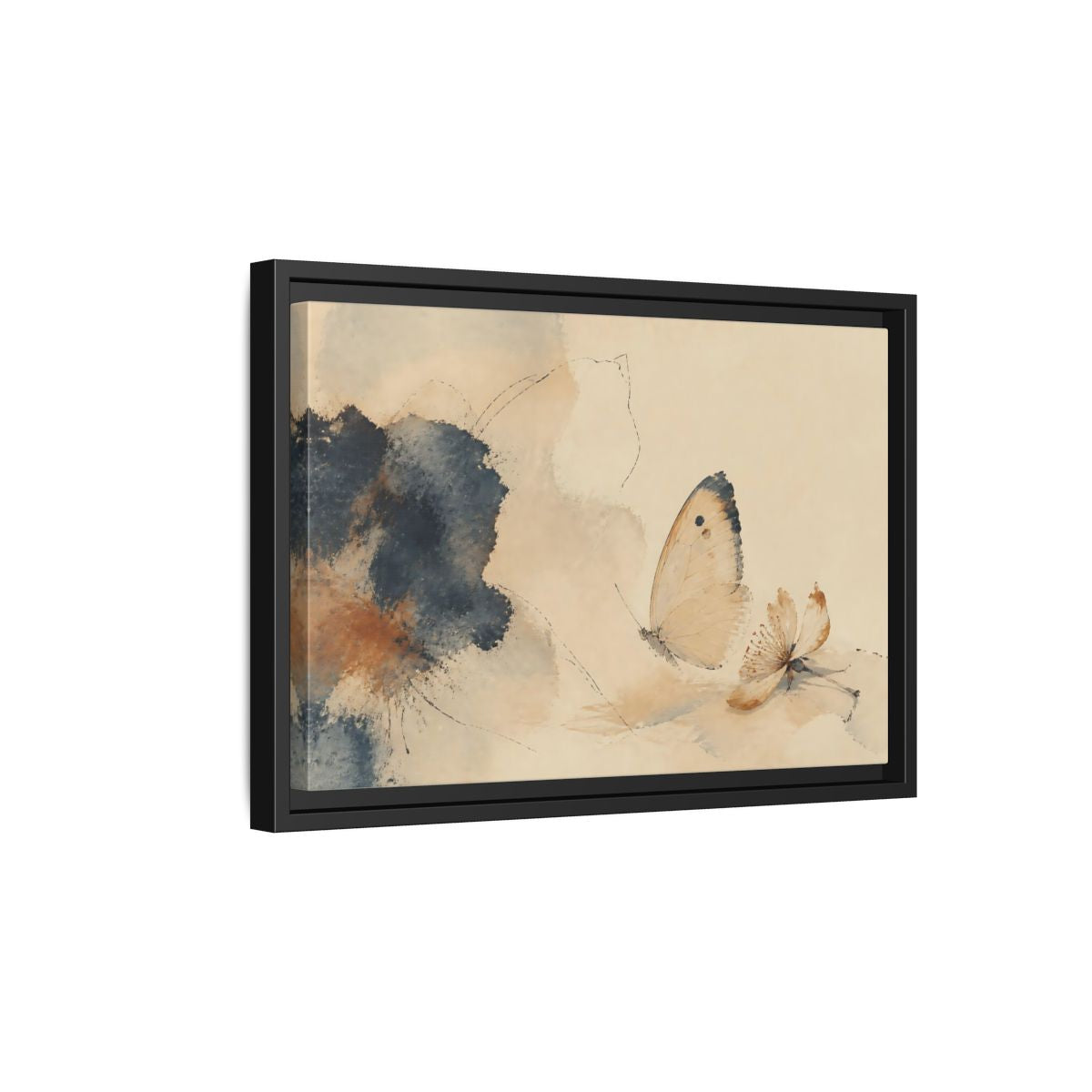 Side Mockup 6. Butterfly And Fallen Blossom shown as framed canvas print