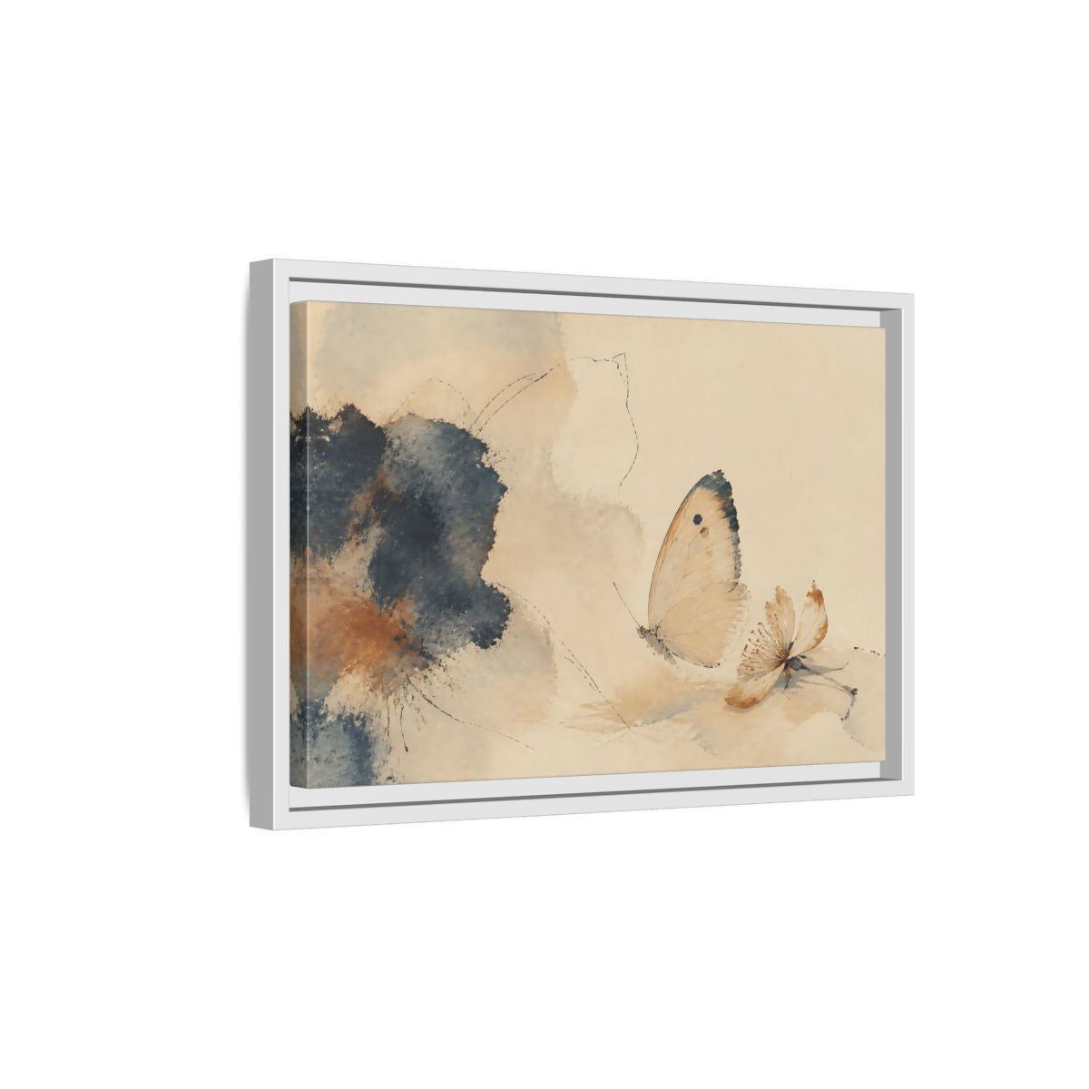 Side Mockup 4. Butterfly And Fallen Blossom shown as framed canvas print