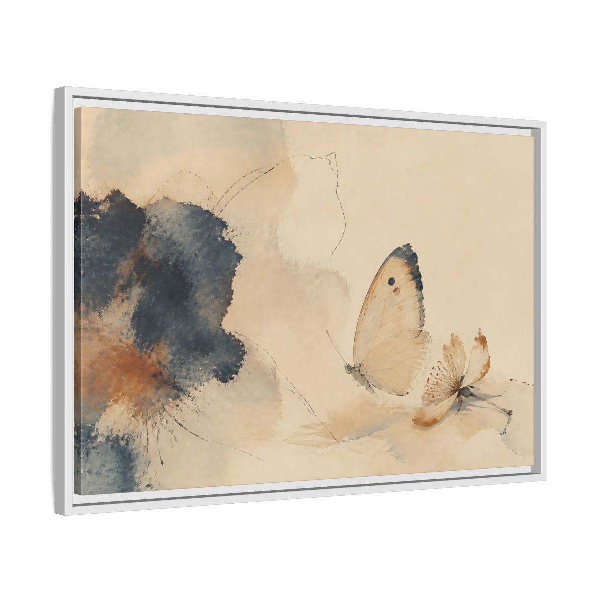 Side Mockup 10. Butterfly And Fallen Blossom shown as framed canvas print