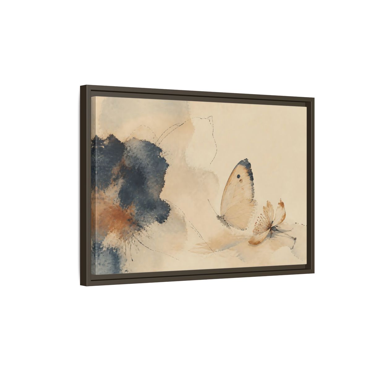Side Mockup 2. Butterfly And Fallen Blossom shown as framed canvas print