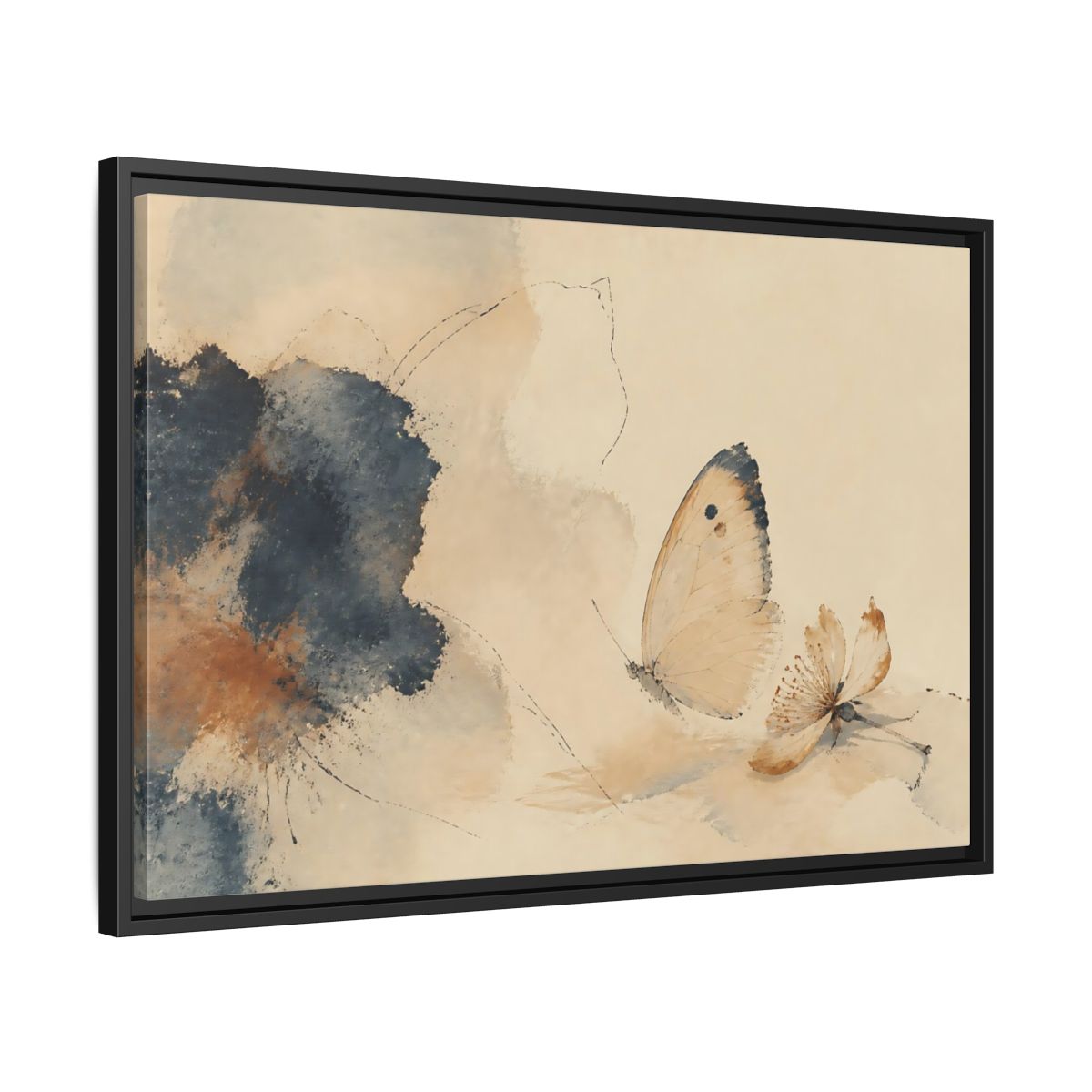 Side Mockup 14. Butterfly And Fallen Blossom shown as framed canvas print