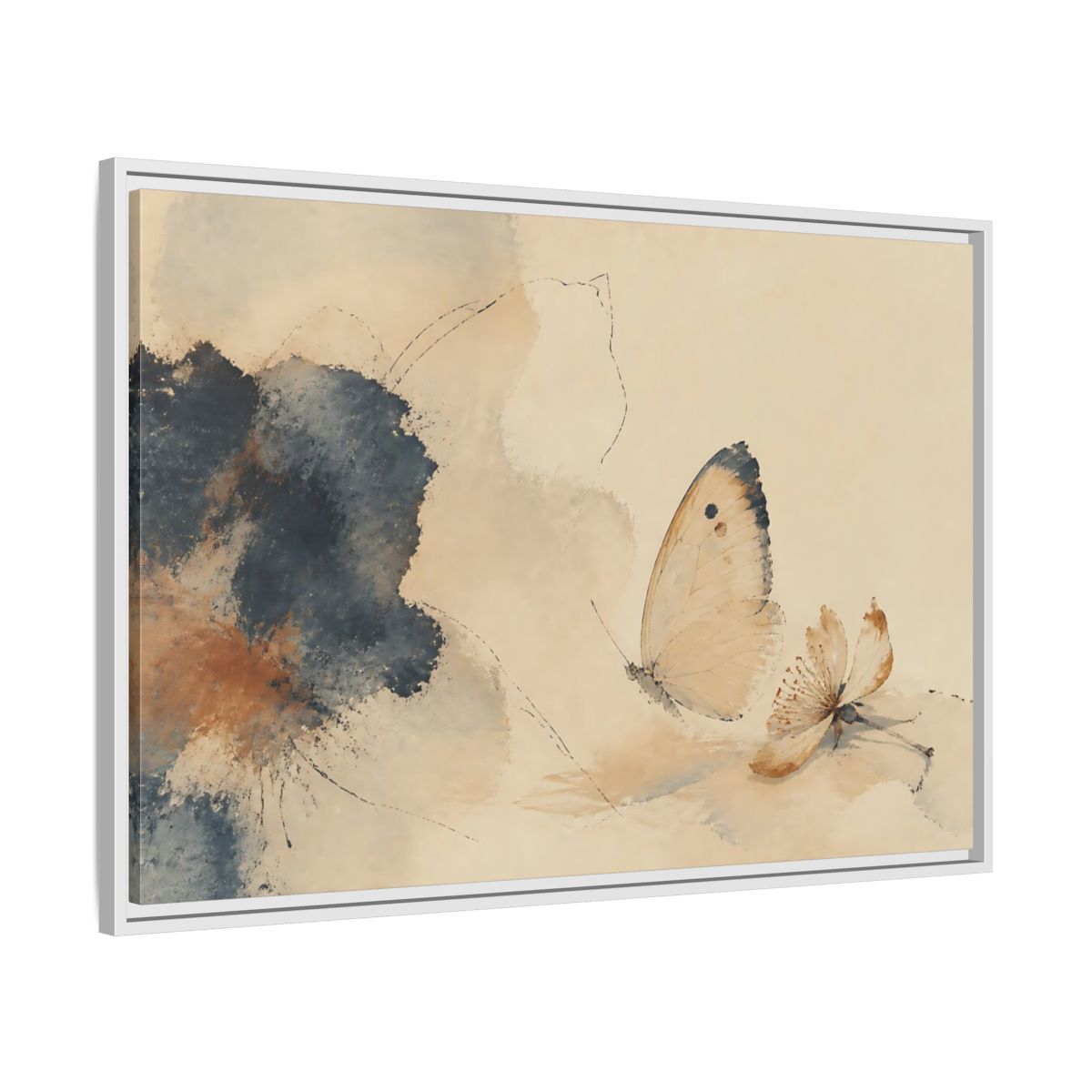 Side Mockup 9. Butterfly And Fallen Blossom shown as framed canvas print