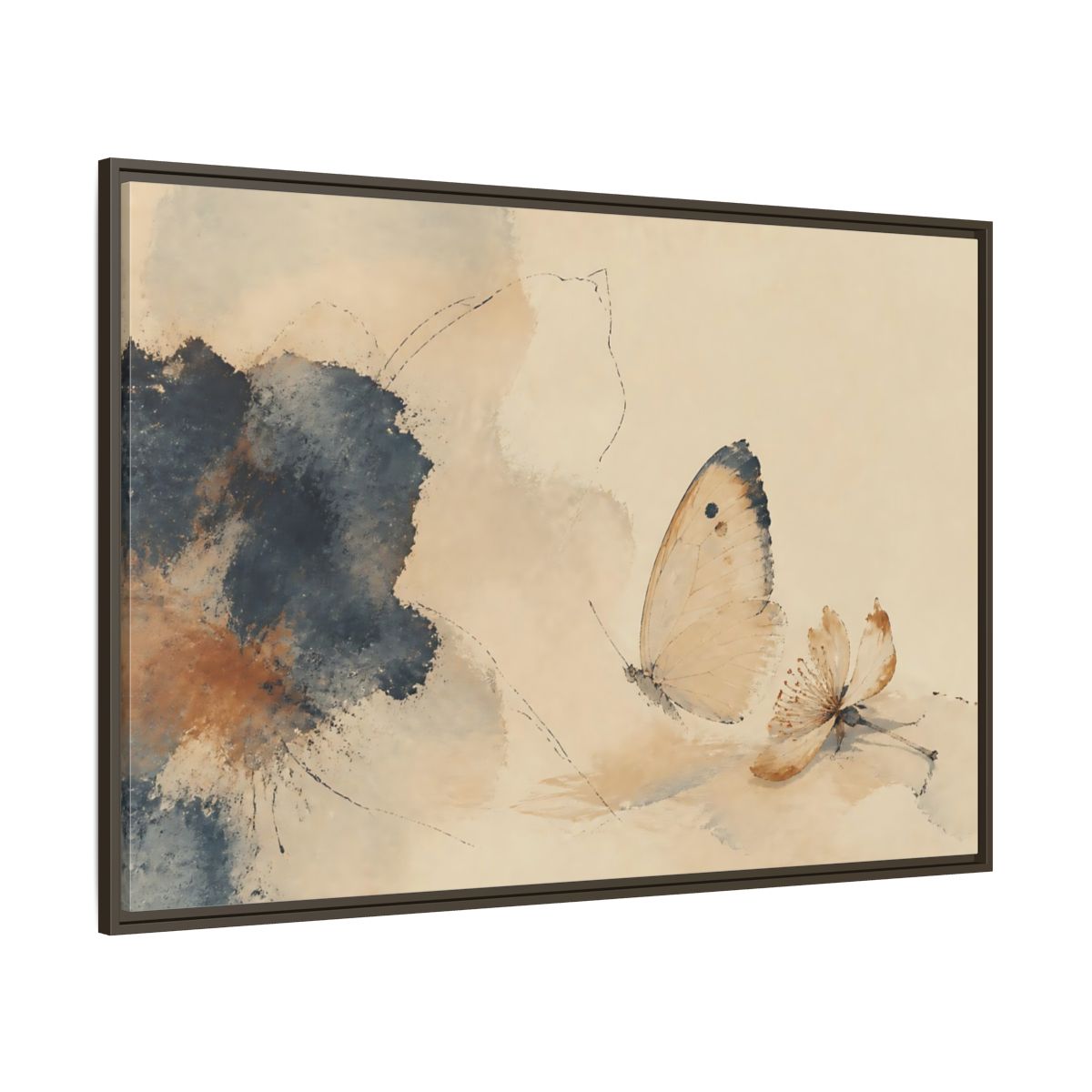 Side Mockup 8. Butterfly And Fallen Blossom shown as framed canvas print